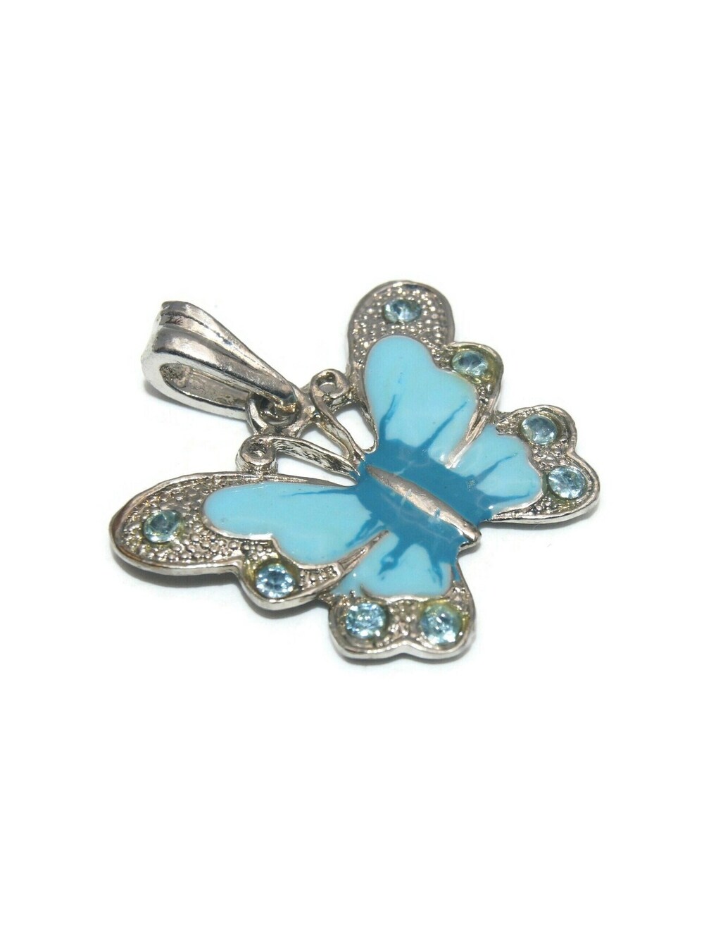 Vintage Silver Tone, Blue Rhinestones with Blue Enamel Butterfly Pendant.